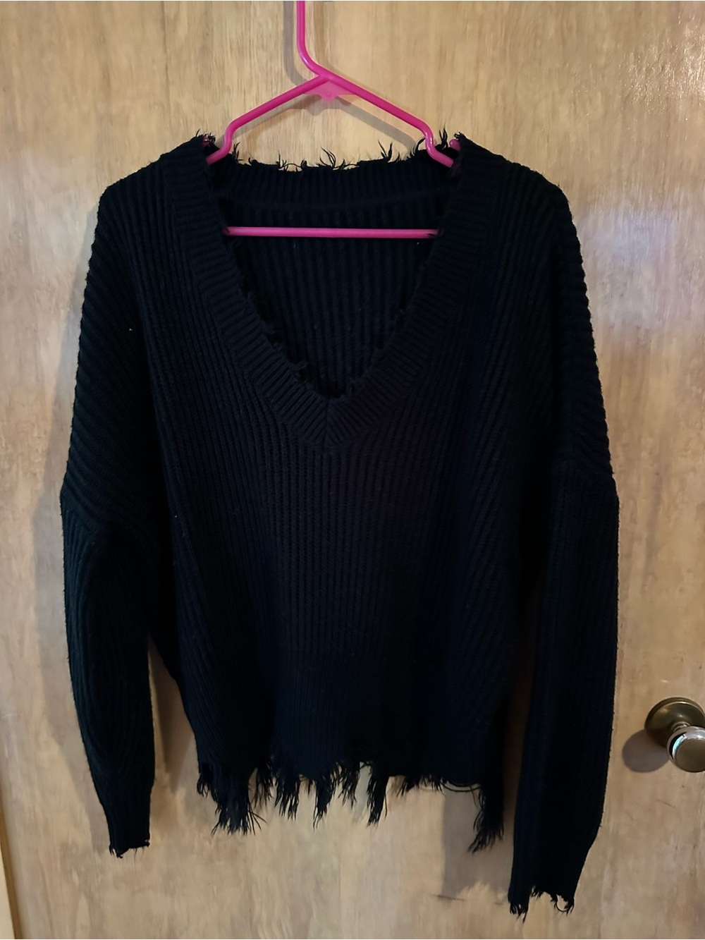 Pink Lily Black Distressed V-Neck Knit Sweater